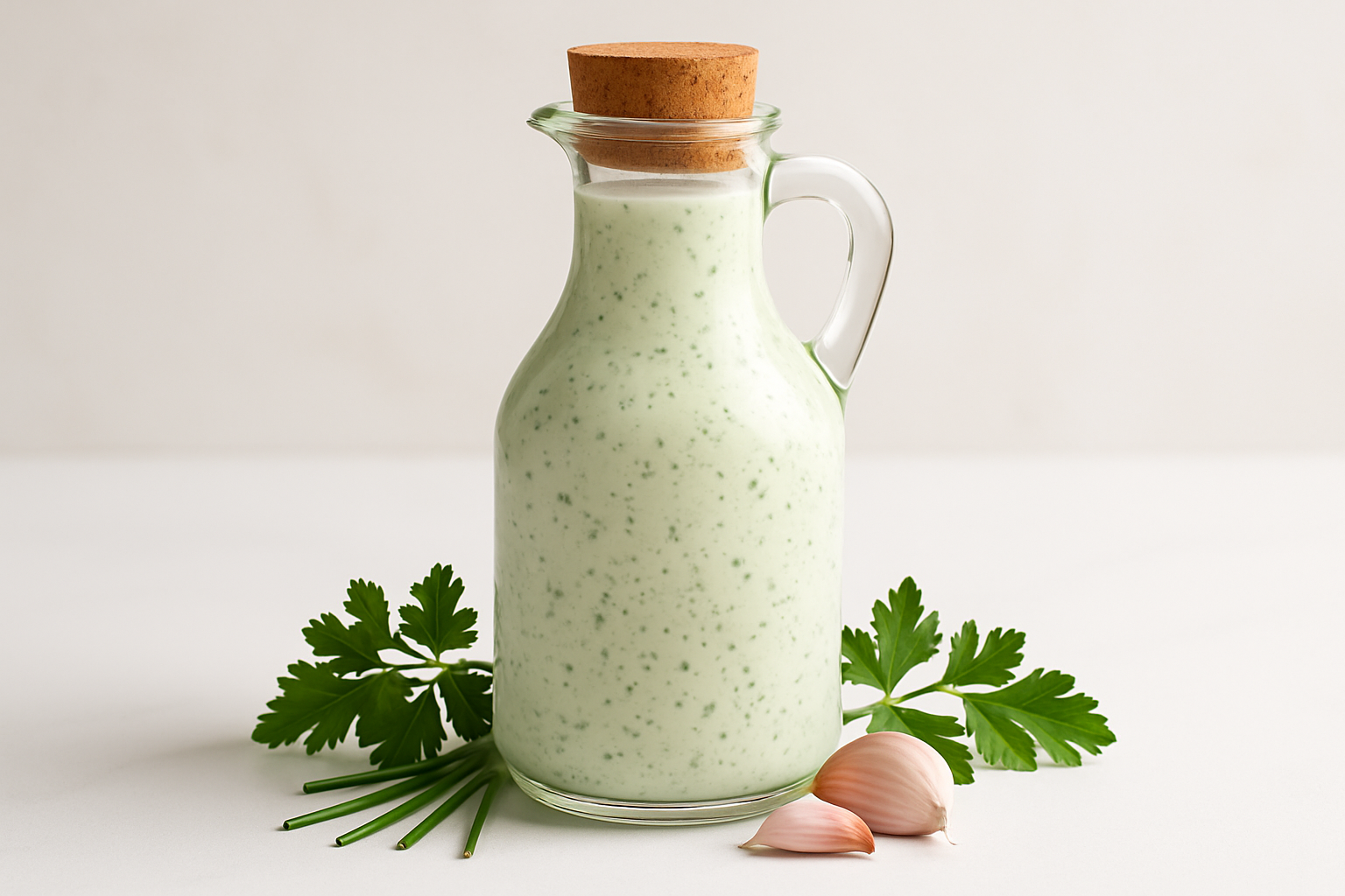 Garlic herb dressing in a glass bottle