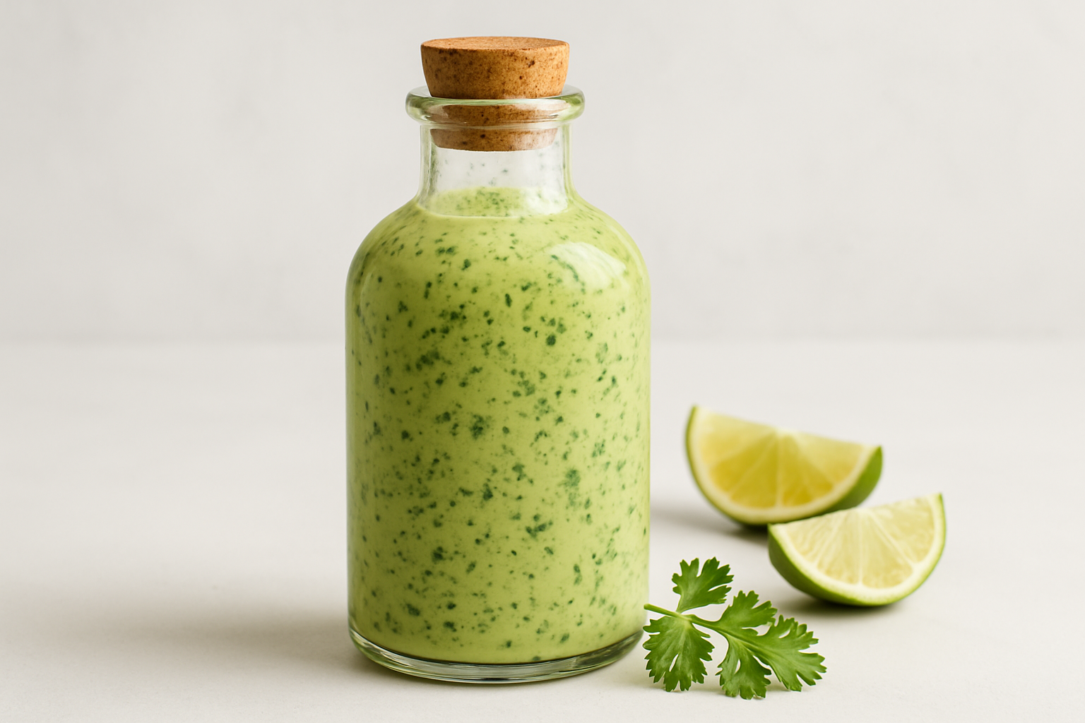 Cilantro lime dressing in a glass bottle